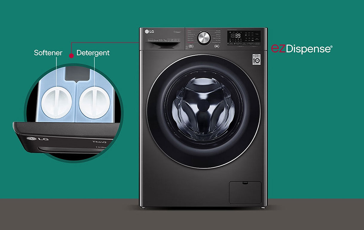 LG wasmachine met EzDispense reservoirs voor wasverzachter en wasmiddel die automatisch doseren
