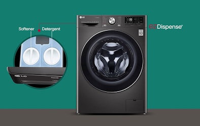 LG wasmachine met EzDispense reservoirs voor wasverzachter en wasmiddel die automatisch doseren
