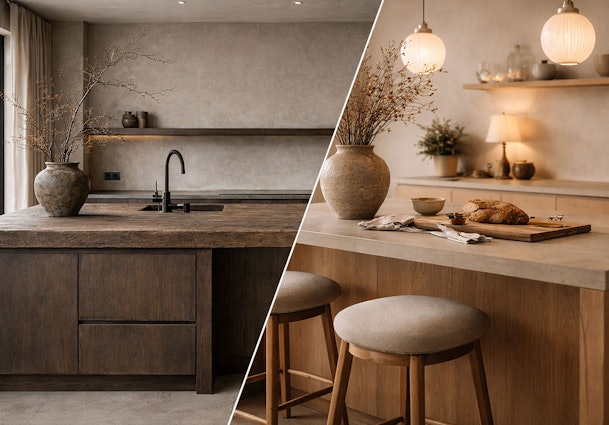 Japandi keuken contrast met donker hout en robuust werkblad tegenover lichte keuken met warme verlichting en zachte materialen