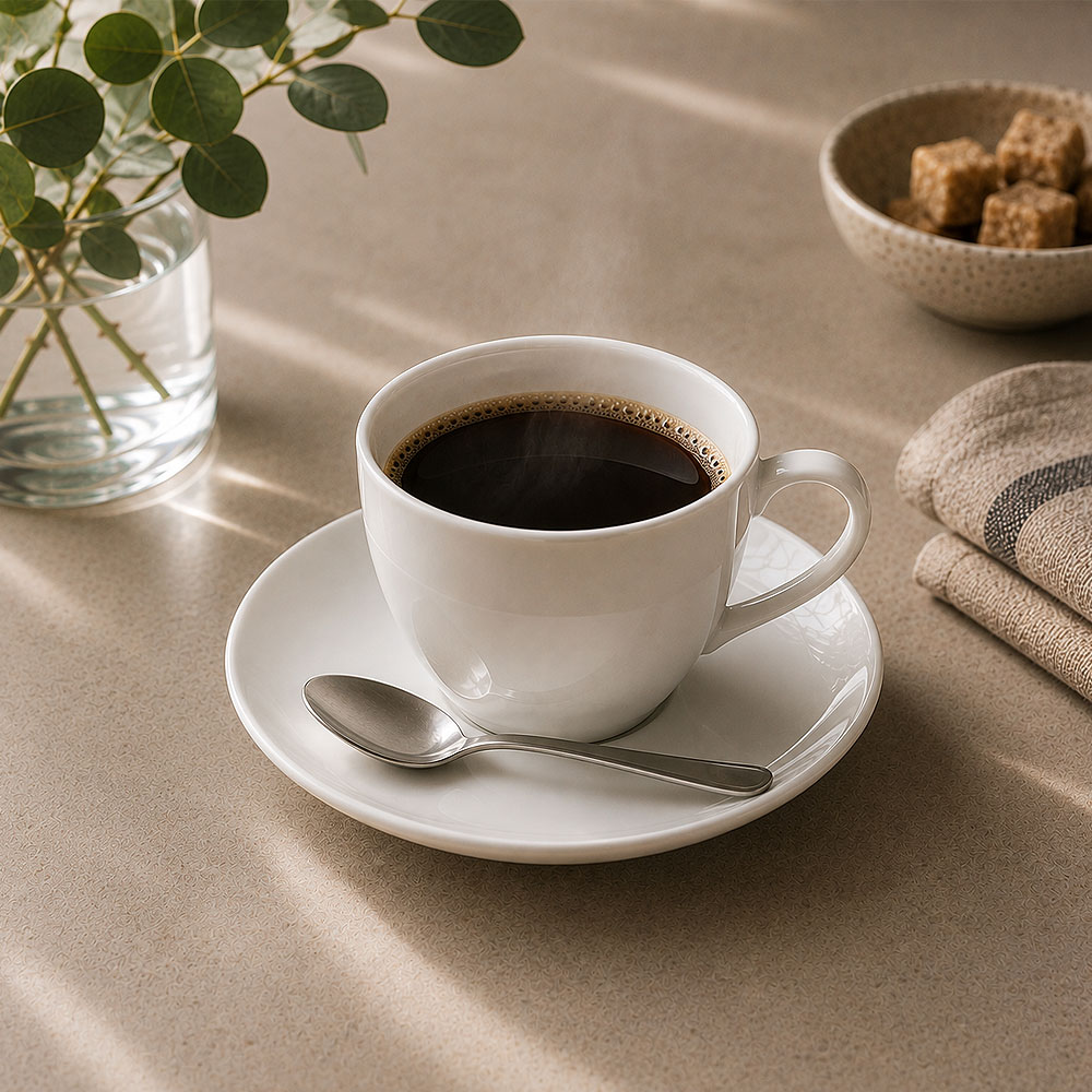 Filterkoffie in een wit porseleinen kopje met schotel
