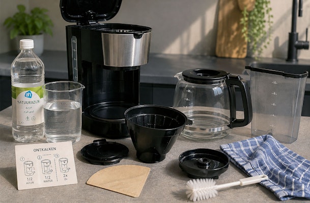 Filterkoffiezetapparaat schoonmaken en ontkalken met verdunde natuurazijn en losse onderdelen reinigen.
