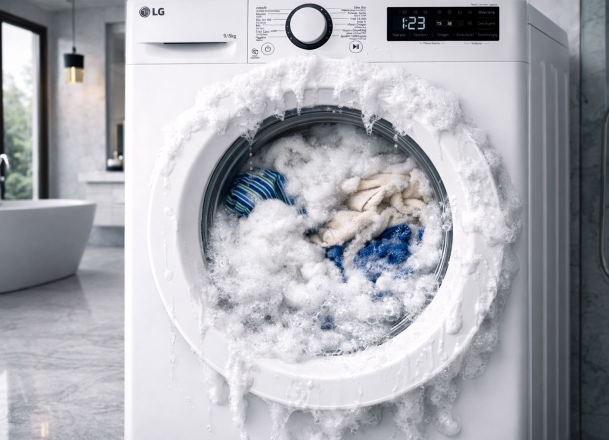 LG wasmachine met overmatig schuim en water dat uit de trommel stroomt door een defecte waterklep