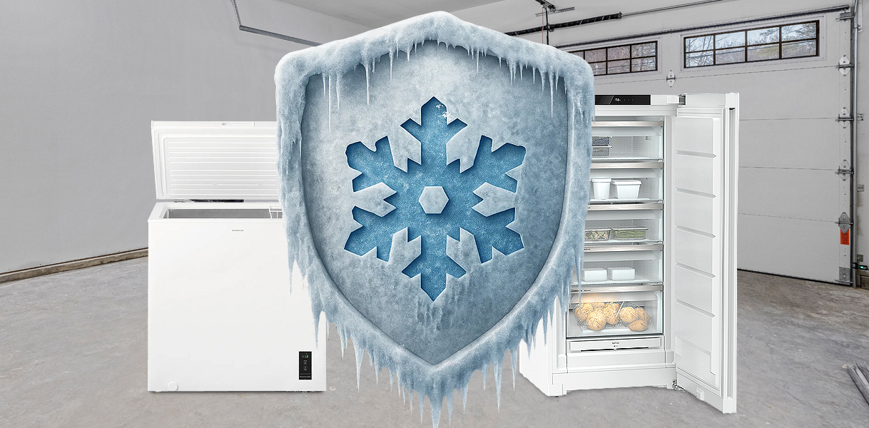 Vrieskast en vrieskist met ijsschild symbool voor FreezerGuard en FrostProtect, geschikt voor omgevingstemperaturen tot min 15 °C