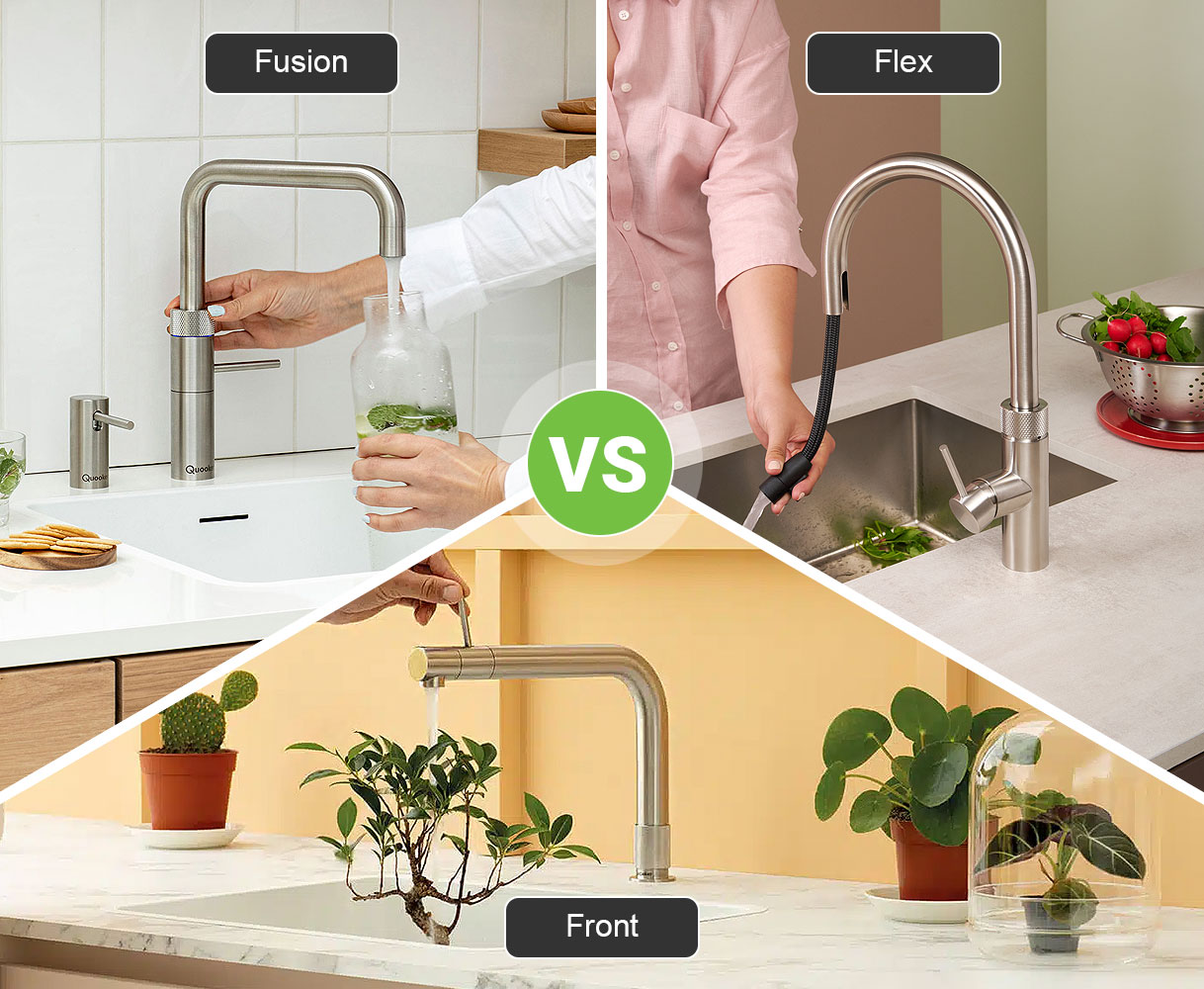 Vergelijking van drie Quooker kranen in gebruik: de Fusion met hoekig design en zijbediening, de Flex met uittrekbare slang, en de compacte Front met bediening aan de voorkant.