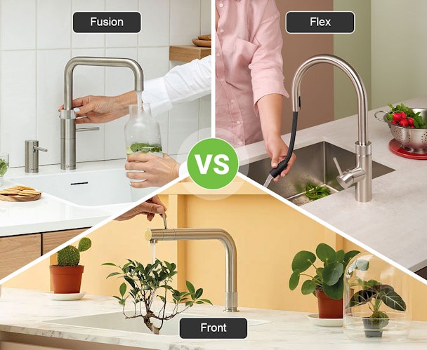 Vergelijking van drie Quooker kranen in gebruik: de Fusion met hoekig design en zijbediening, de Flex met uittrekbare slang, en de compacte Front met bediening aan de voorkant.