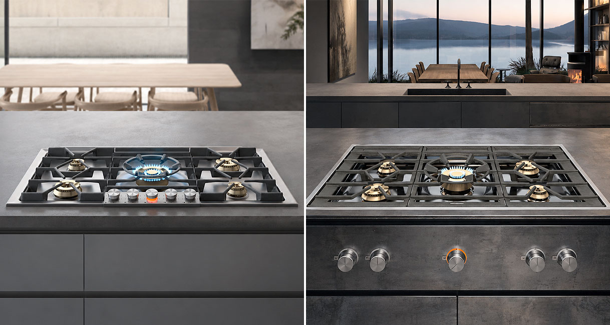 Gaggenau gaskookplaat uit de 200 serie naast een model uit de 400 serie met brandende pitten