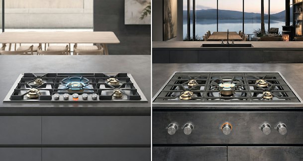 Gaggenau gaskookplaat uit de 200 serie naast een model uit de 400 serie met brandende pitten