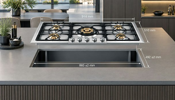Gaggenau gaskookplaat van 914 mm met afmetingen van de uitsparing van 885 mm
