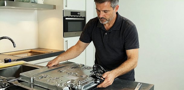 Installateur sluit een gaskookplaat aan boven de uitsparing in het werkblad