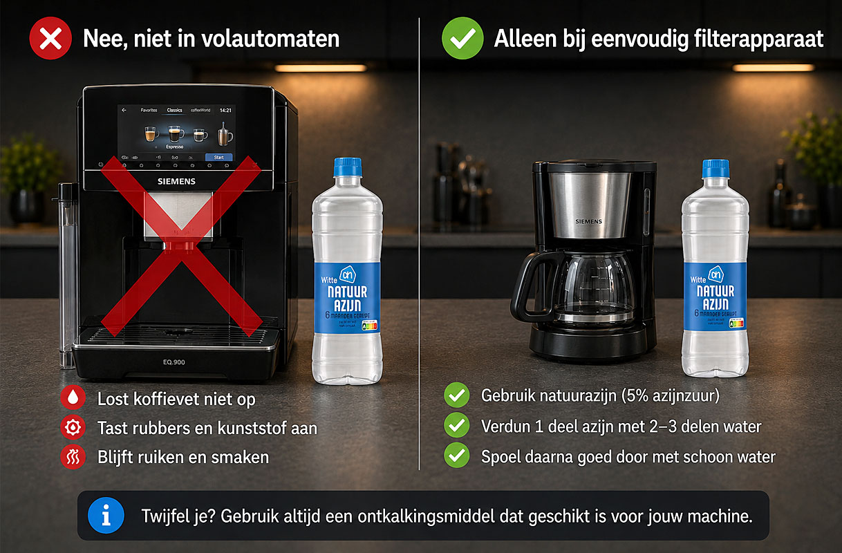 Azijn niet gebruiken in een volautomatische koffiemachine, alleen verdund bij een eenvoudig filterapparaat