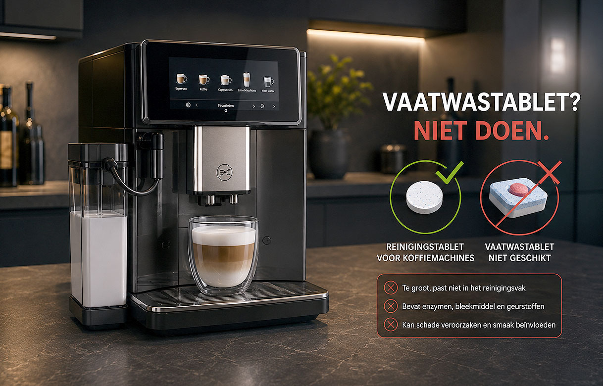 Koffiemachine naast een reinigingstablet en een vaatwastablet met uitleg waarom een vaatwastablet niet geschikt is