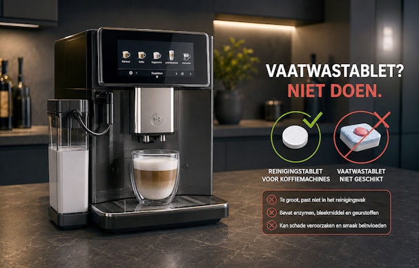 Koffiemachine naast een reinigingstablet en een vaatwastablet met uitleg waarom een vaatwastablet niet geschikt is