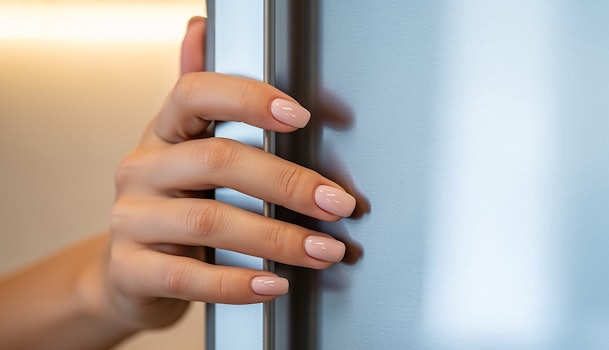 Hand sluit de deur van een koelkast