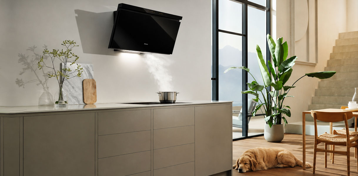 Wandschouw afzuigkap met laag geluidsniveau in open keuken met slapende hond