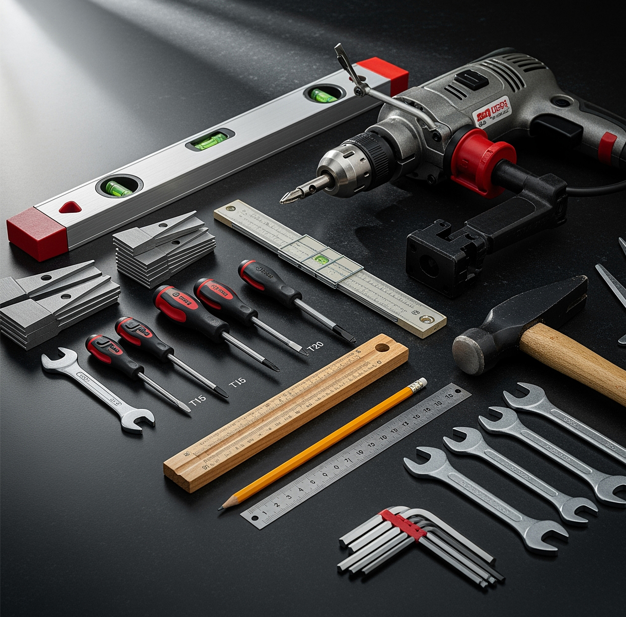 Gereedschapset met waterpas, schroevendraaiers en boormachine voor het onbouwen van een koelkast