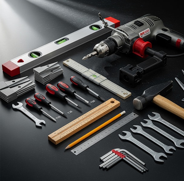 Gereedschapset met waterpas, schroevendraaiers en boormachine voor het onbouwen van een koelkast