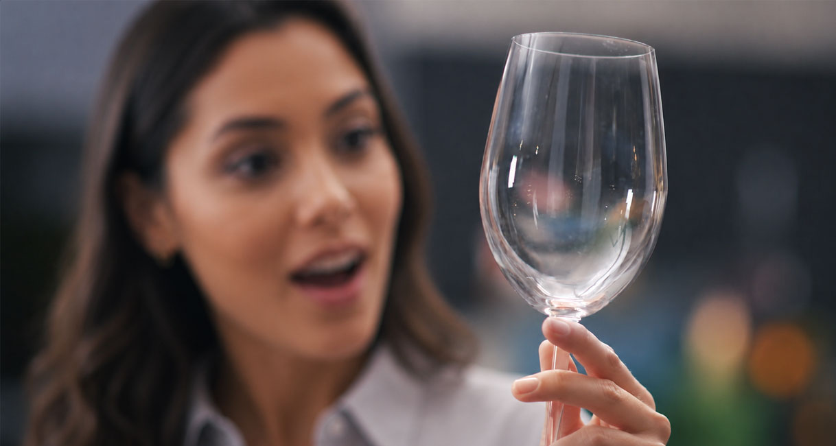 Vrouw bekijkt een helder wijnglas zonder opgedroogde druppels na het wassen