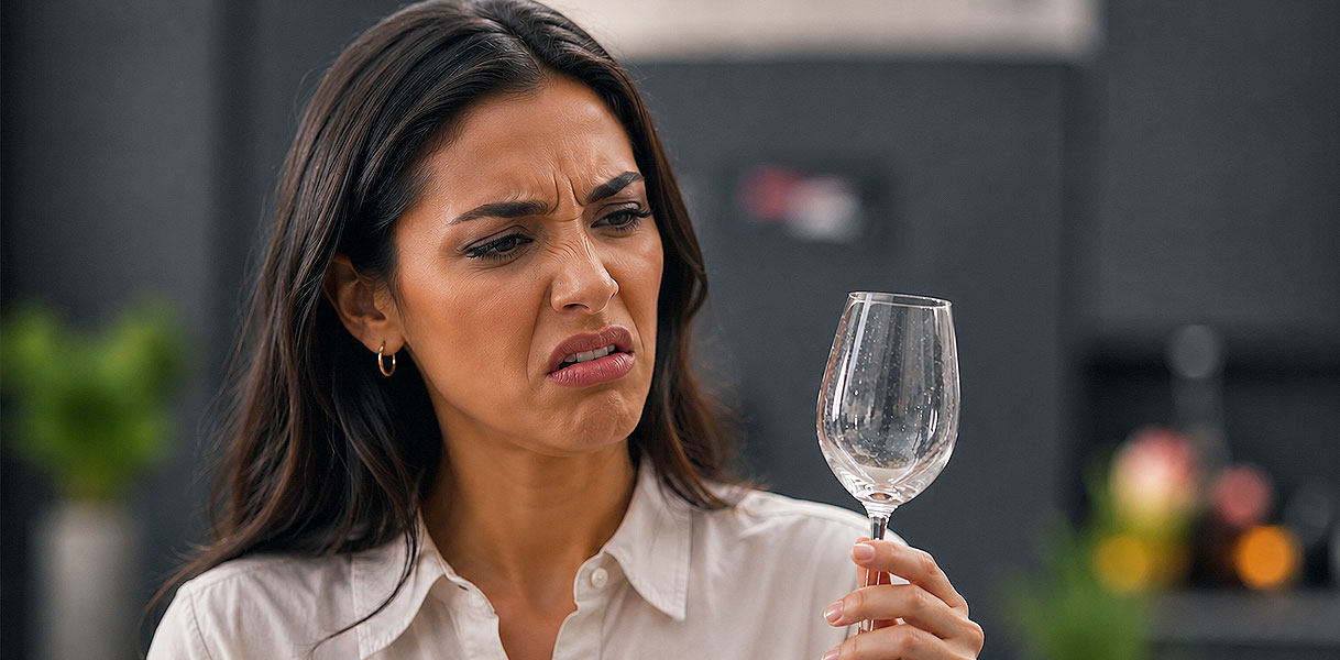 Vrouw ruikt met vies gezicht aan een wijnglas met matte aanslag dat geur vasthoudt