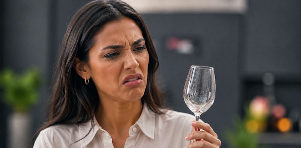 Vrouw ruikt met vies gezicht aan een wijnglas met matte aanslag dat geur vasthoudt