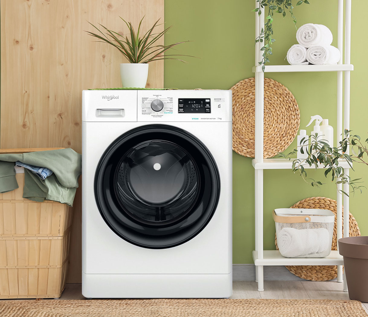 Goedkope Whirlpool wasmachine in een moderne wasruimte met compact ontwerp en energiezuinige prestaties.