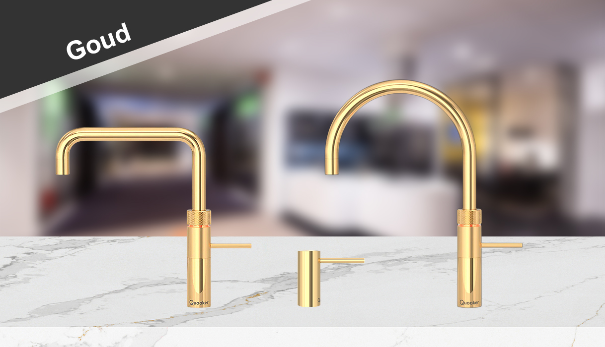 Quooker kranen in Goud: Fusion Square, Fusion Round en zeeppomp op marmeren aanrechtblad