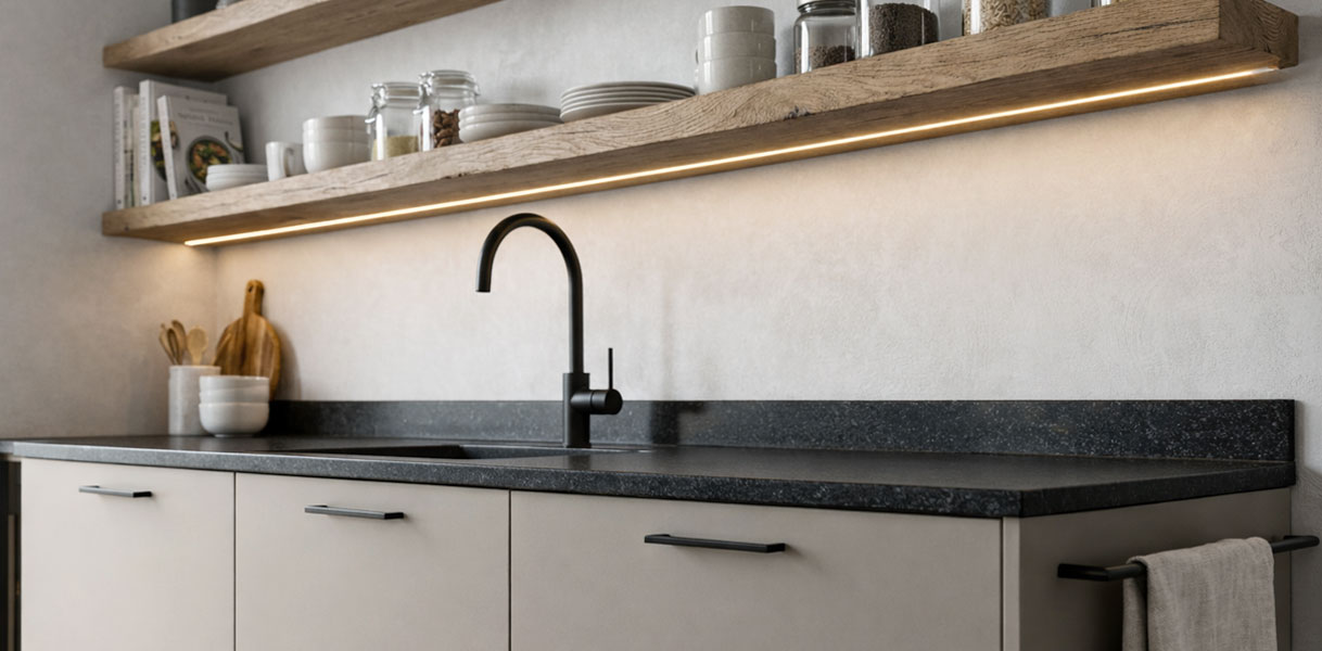 Greige keuken met zwart werkblad, zwarte kraan en houten plank met indirecte verlichting