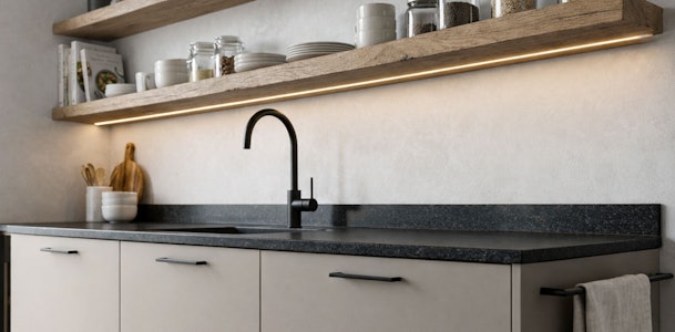 Greige keuken met zwart werkblad, zwarte kraan en houten plank met indirecte verlichting