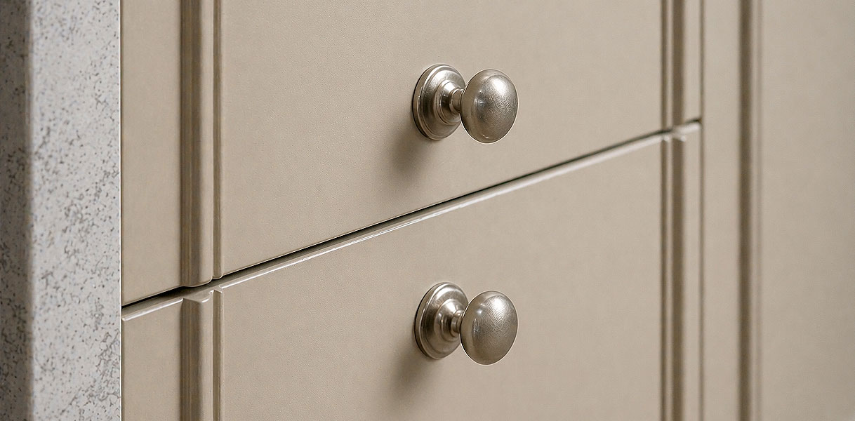 Detail van kaderfronten met ronde knoppen op kasten in landelijke stijl