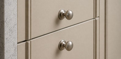 Detail van kaderfronten met ronde knoppen op kasten in landelijke stijl