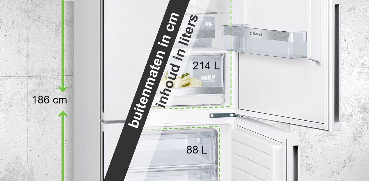 Bij de grootte van een koelkast wordt onderscheid gemaakt tussen de afmetingen in de koelkast en de buitenmaten.
