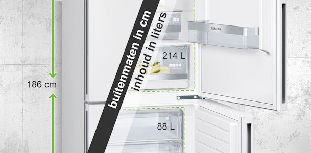 Bij de grootte van een koelkast wordt onderscheid gemaakt tussen de afmetingen in de koelkast en de buitenmaten.