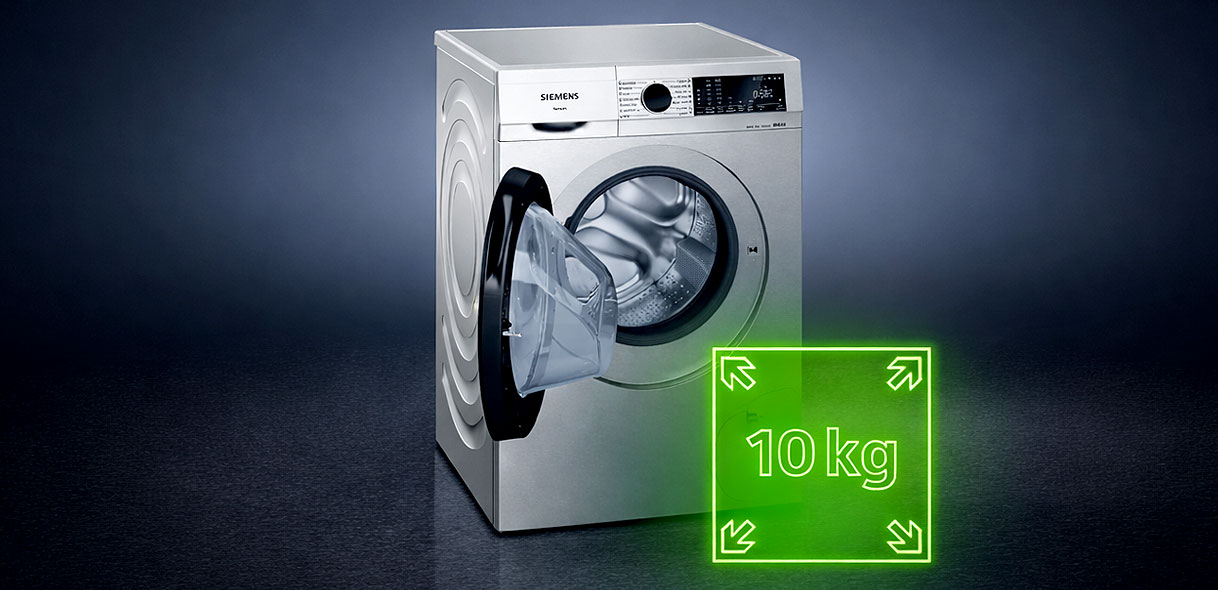 Siemens wasmachine met 10 kg trommelcapaciteit en groene pijlen die de ruime inhoud benadrukken