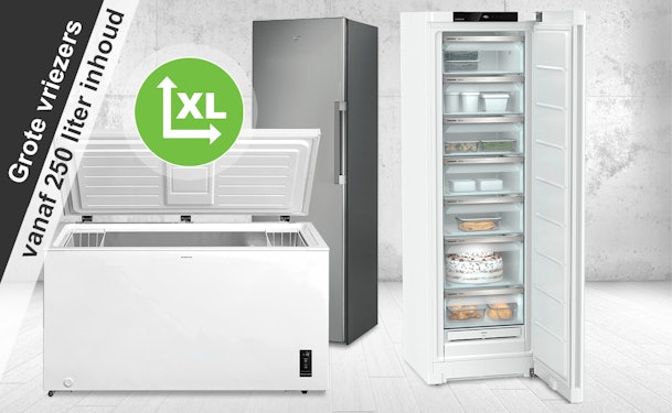 Grote vriezers waaronder een ruime kistvriezer en een hoge vrieskast