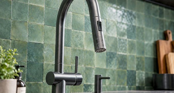 Gunmetal keukenkraan met zichtbare waterdruppels op de uitloop voor groene wandtegels