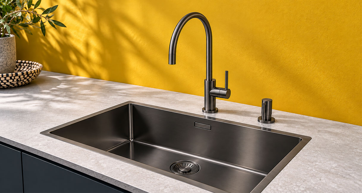 Gunmetal keukenkraan met bijpassende zeepdispenser naast rvs spoelbak op licht stenen werkblad