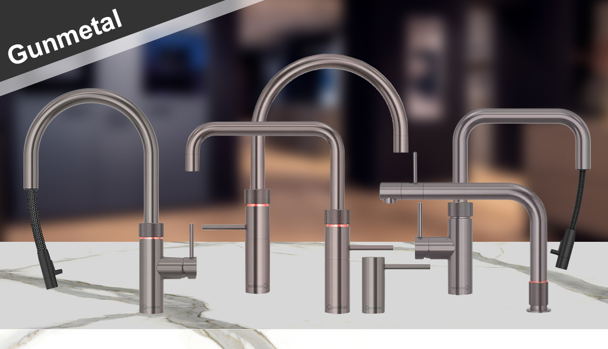 Quooker kranen in Gunmetal: Flex, Fusion Square, Fusion Round, Front en zeeppomp op marmeren aanrechtblad