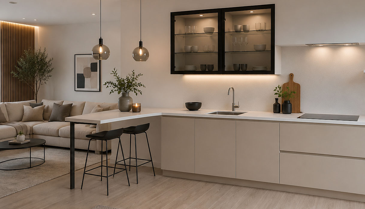 Moderne rechte keuken met haaks barblad, lichte greeploze fronten, zwarte vitrinekasten en twee barkrukken als natuurlijke scheiding tussen keuken en woonkamer.