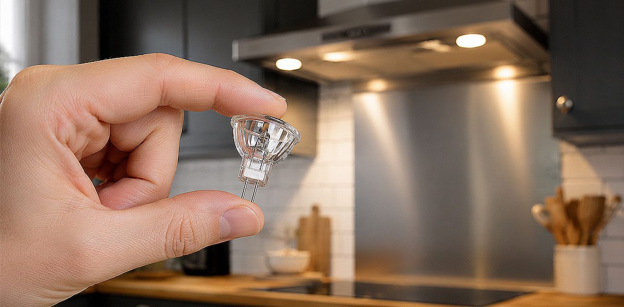 Hand houdt een kleine halogeenlamp met steekvoetje vast voor een afzuigkap met verlichting