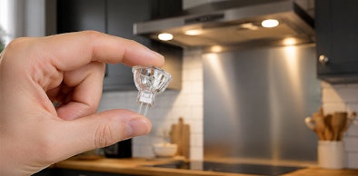 Hand houdt een kleine halogeenlamp met steekvoetje vast voor een afzuigkap met verlichting