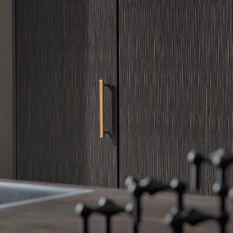 Bronzen handgreep op donker houtdecor.