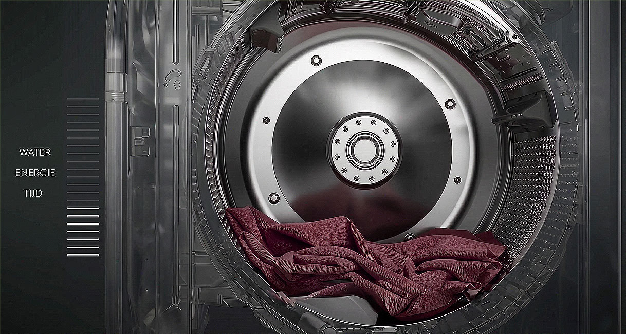 Trommel van een 6 kg wasmachine met inverter-motor die water, energie en tijd bespaart