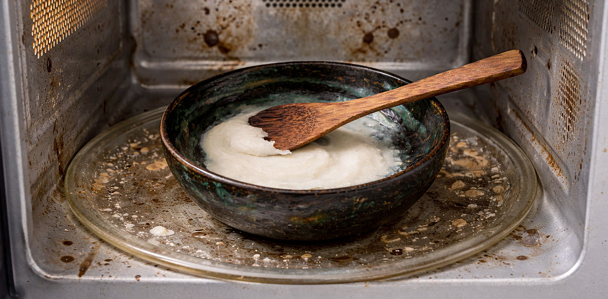 Kom met baking soda pasta en houten kwast in een vieze magnetron voor het verwijderen van hardnekkig vuil