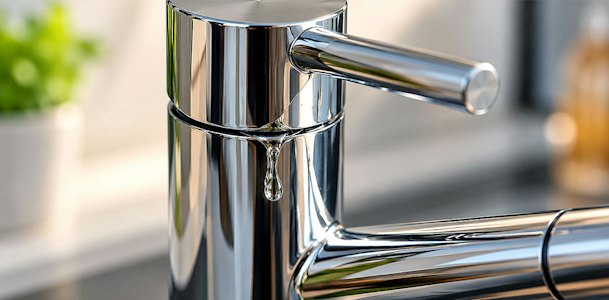 Waterdruppel komt onder de hendel van keukenkraan vandaan door versleten afdichting boven de cartouche