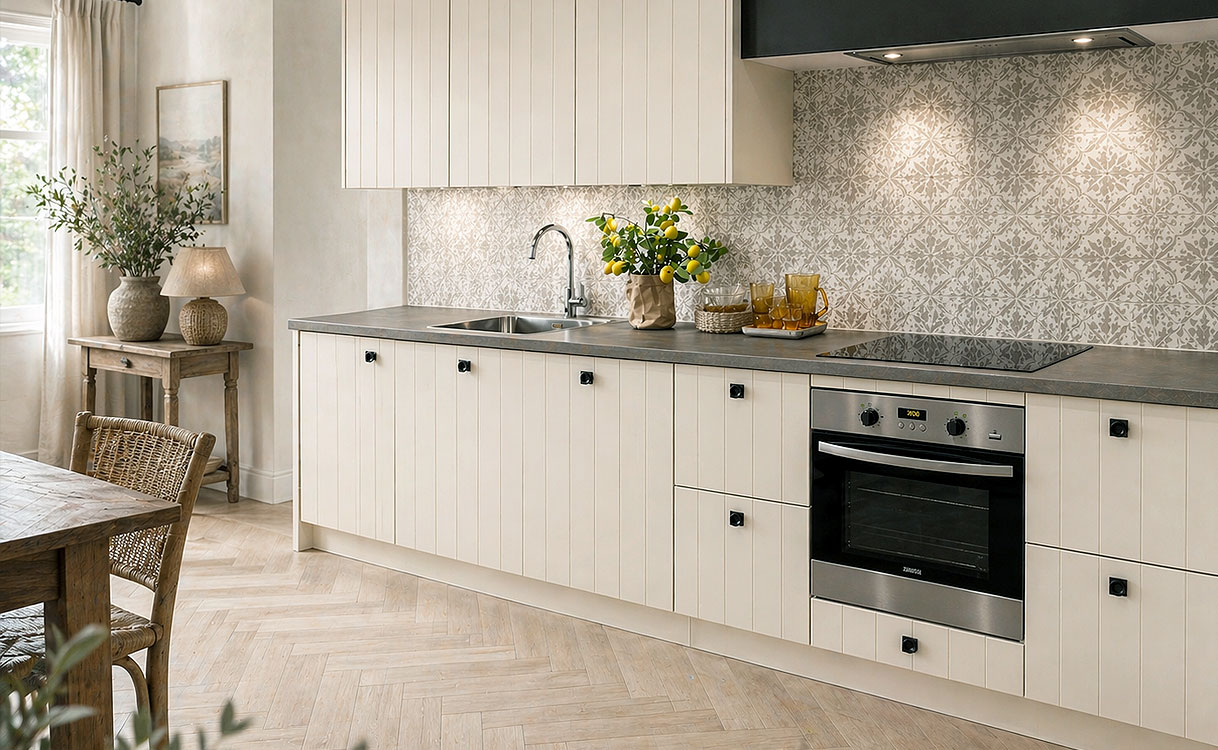 Landelijke rechte keuken met kaderfronten, ingebouwde oven, achterwand met klassiek tegelpatroon en houten eettafel