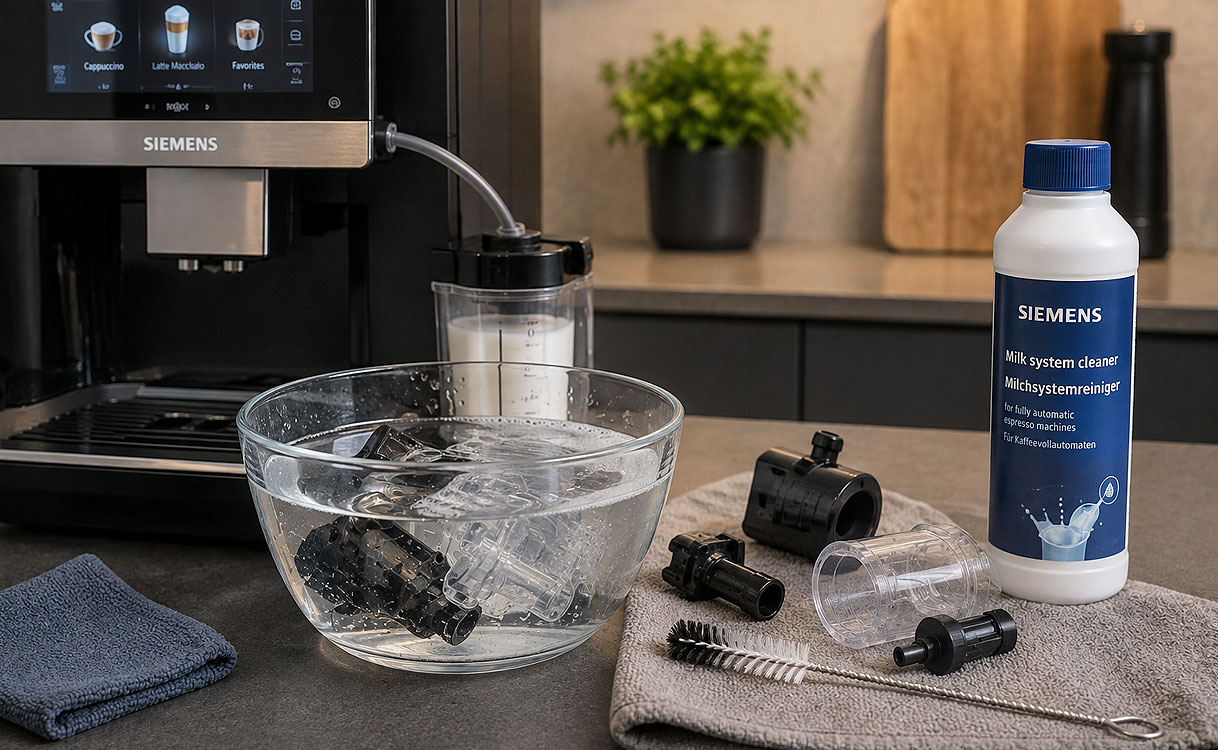 Losse onderdelen van het melksysteem van een Siemens koffiemachine weken in water met melksysteemreiniger.