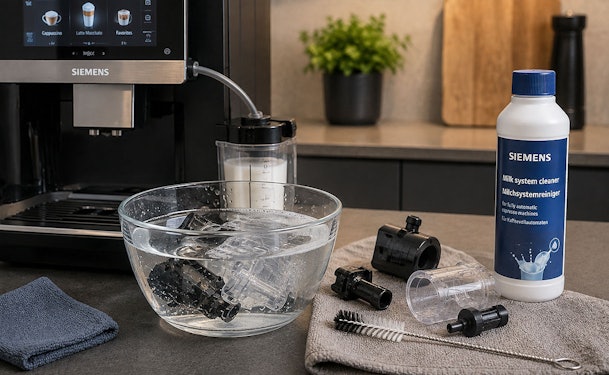 Losse onderdelen van het melksysteem van een Siemens koffiemachine weken in water met melksysteemreiniger.