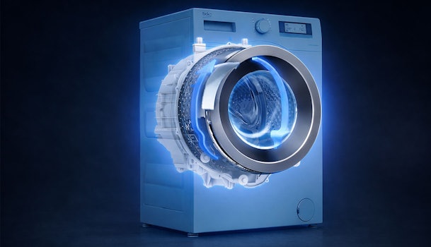 Beko wasmachine met AquaWave trommel en blauwe lichteffecten die de golvende wasbeweging visualiseren
