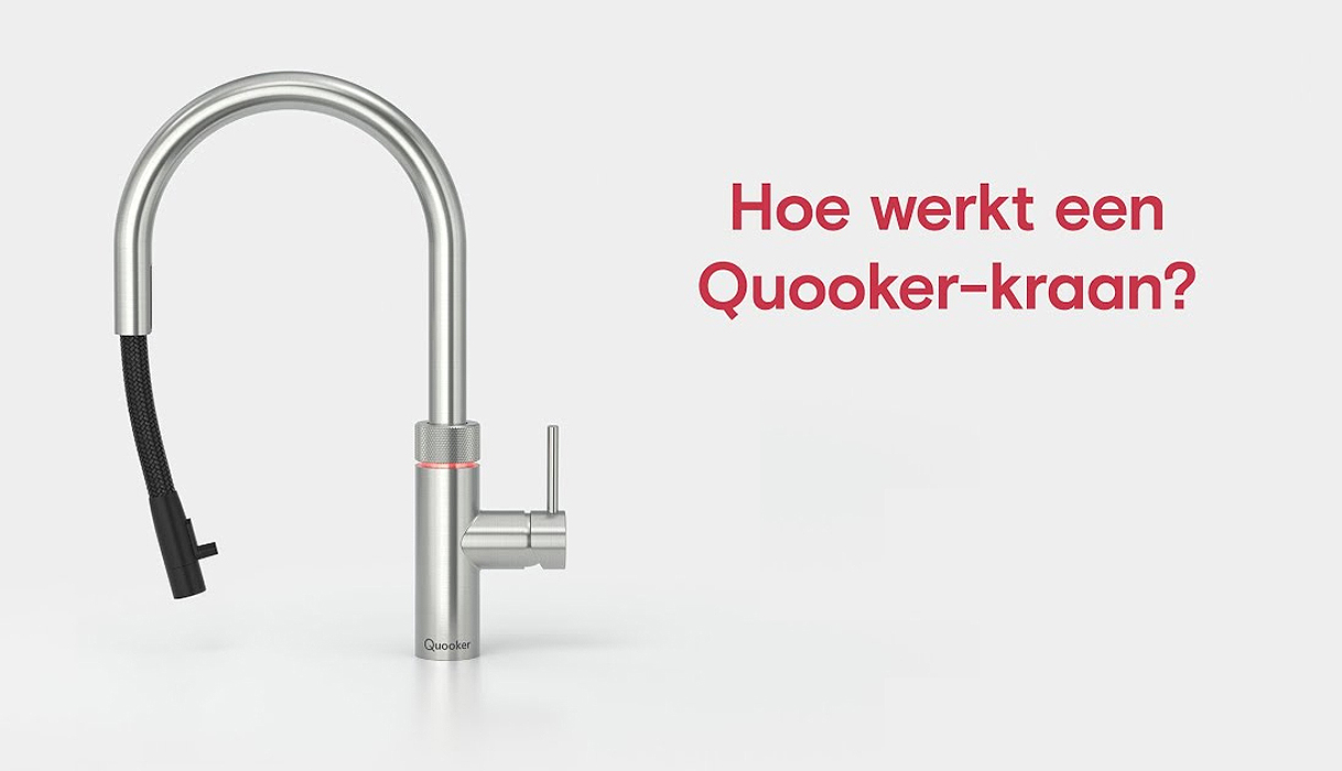 Quooker Flex kraan in RVS met uittrekslang en tekst Hoe werkt een Quooker-kraan