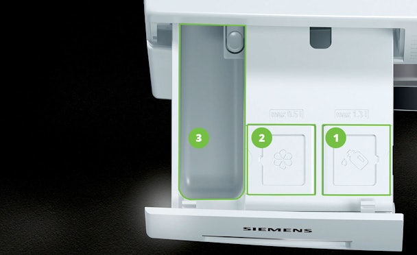 Siemens iDos wasmiddellade met drie compartimenten voor wasmiddel en wasverzachter