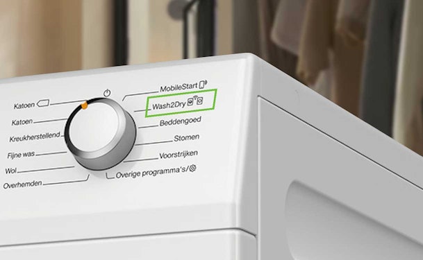 Miele droger bedieningspaneel met Wash2Dry programma gemarkeerd in groen